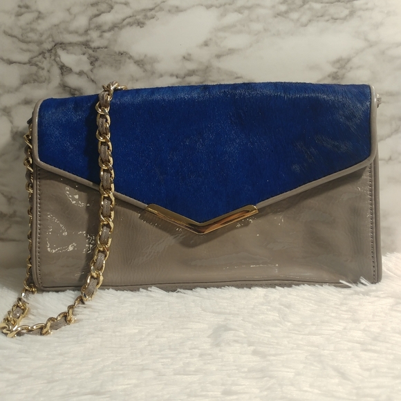 Gianni Bini  Blue Calf Hair and Grey Patent Leather Clutch Bag - Picture 1 of 7